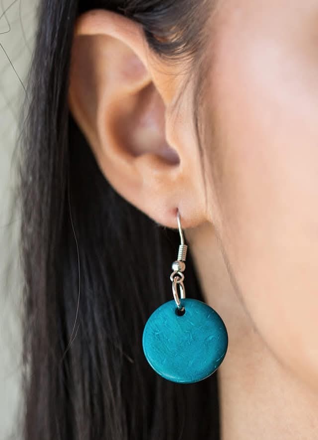 Silver Tone Blue Round Wood Disc Multi-Strand Necklace & Drop Earrings Set