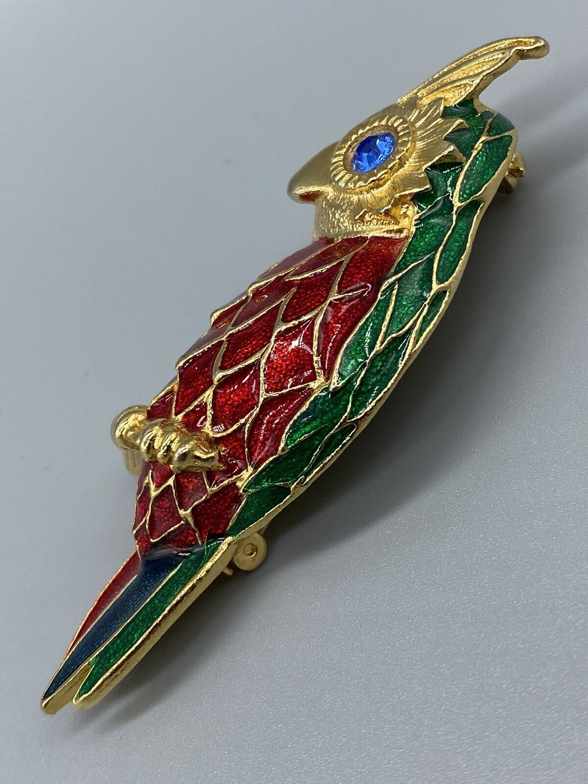 Red Green Blue Enamel Blue Eyes Rhinestone Owl On Branch Gold Tone Brooch Pin
