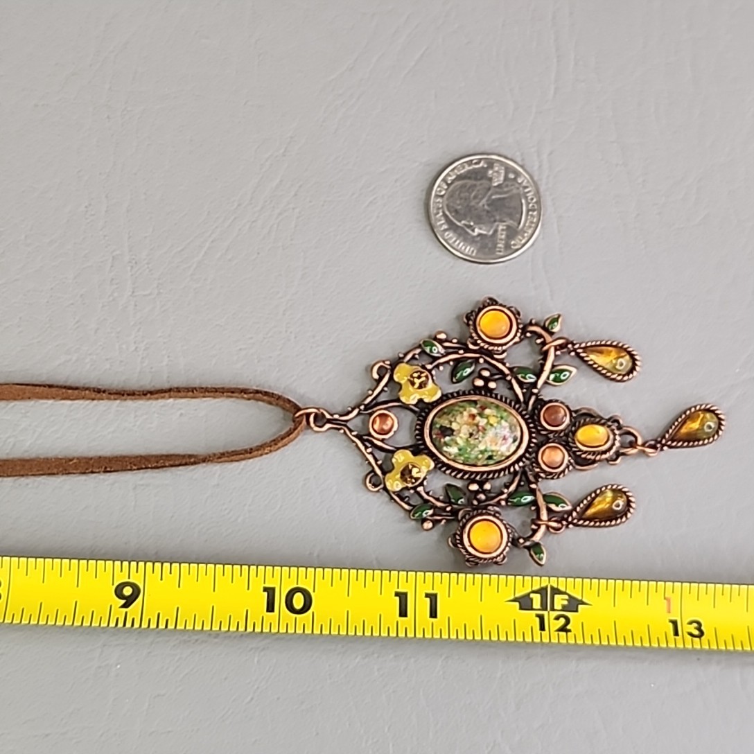 Art Nouveau Revival Pendant Necklace Speckled Oval Brown Suede Cord 20″