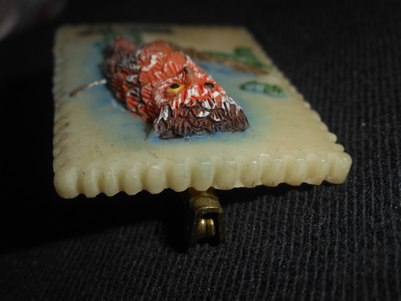 Resin Plastic Owl 15 Cent Postage Stamp Pin Sitting On Tree Limb 1 1/2″ x 1″