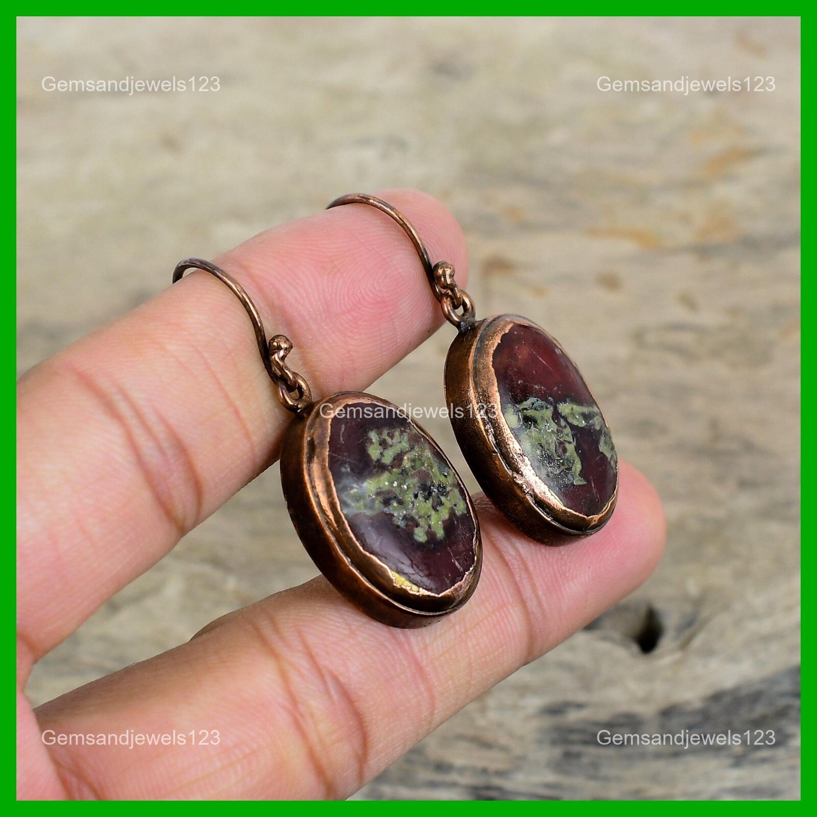 Oval Dragon Bloodstone Gemstone Dangling Electroformed Earrings Jewelry Copper