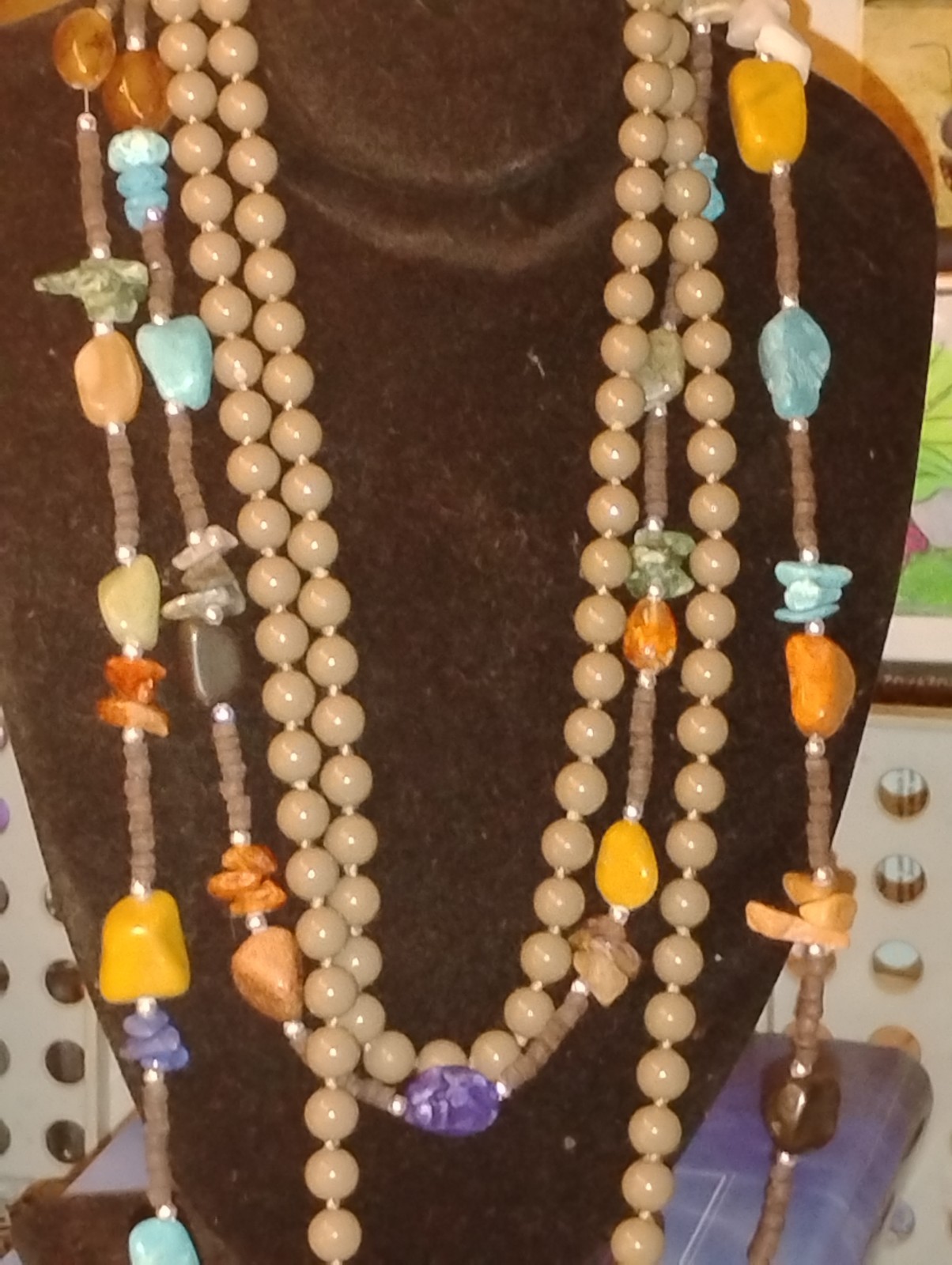 Multicolor Layered Multi-Strand Stone Beaded Necklace Brown Round Beads