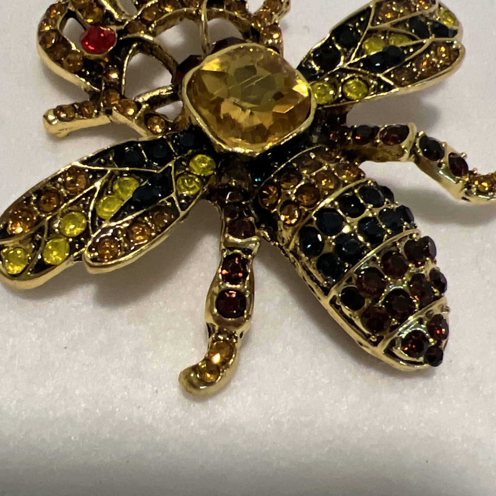 Queen Bee Brooch Crown Gold Tone Insect Pin Red Yellow Blue