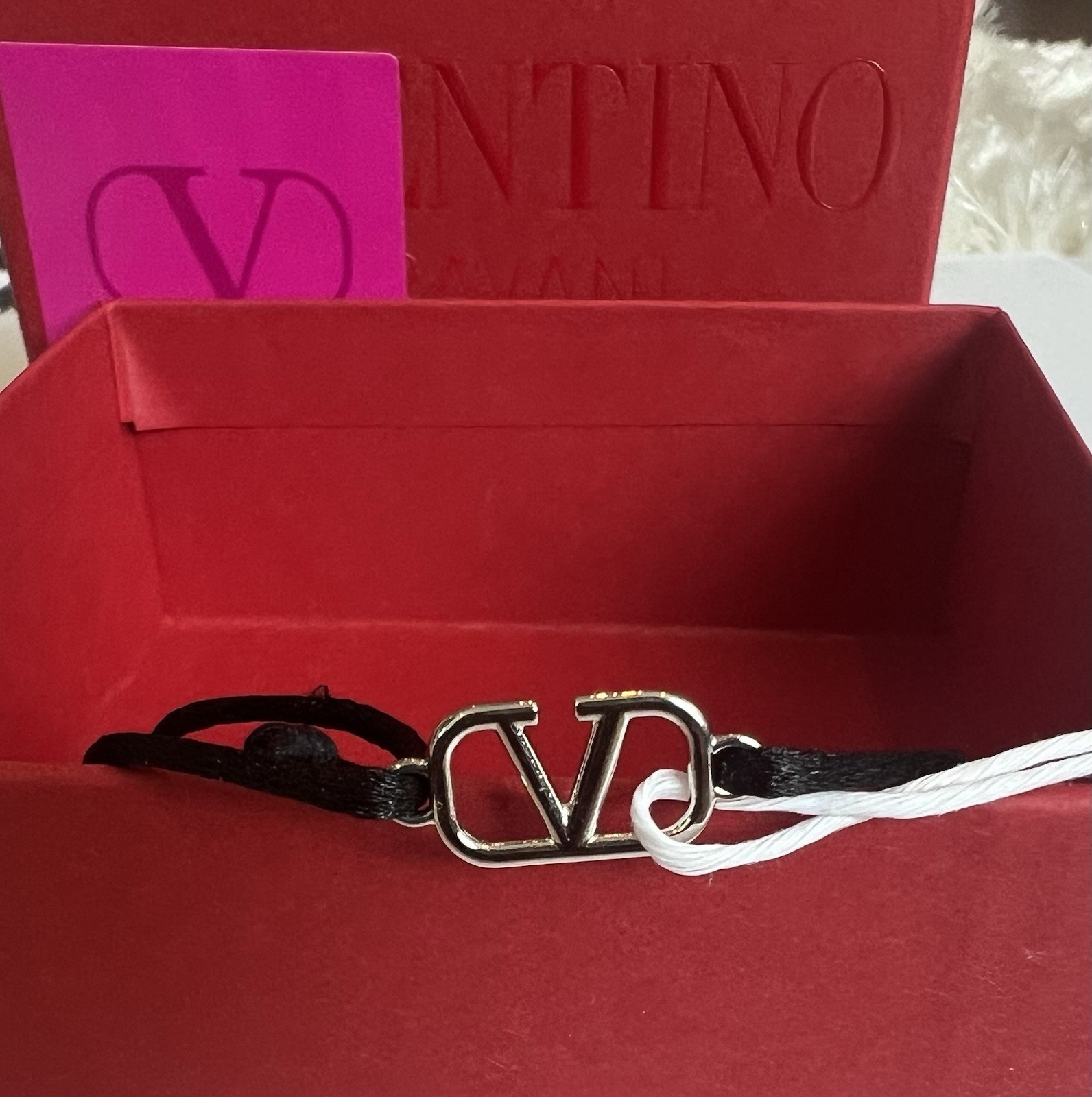 Valentino Garavani VLogo Signature Black Cord Bracelet Silver Tone NWT New Tag