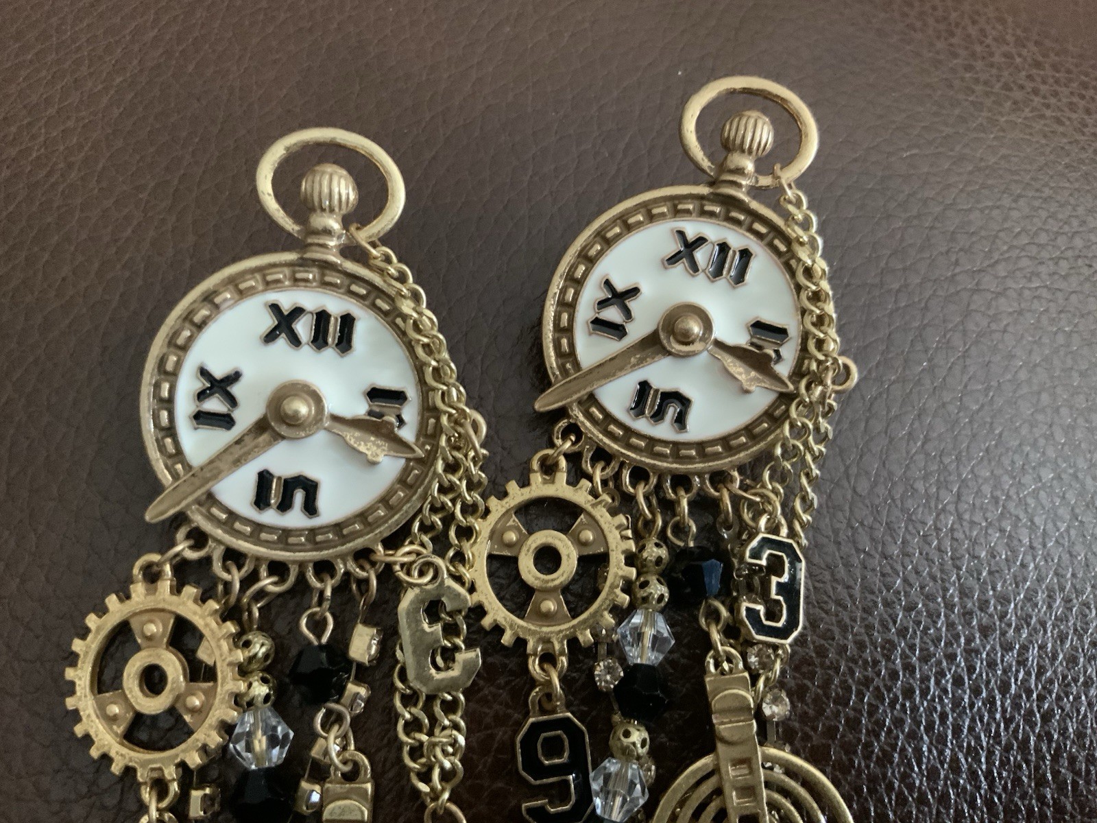 Museum Retro Clock Earrings Gold Chain CZ Steampunk Statement Art Boho Gear VTG