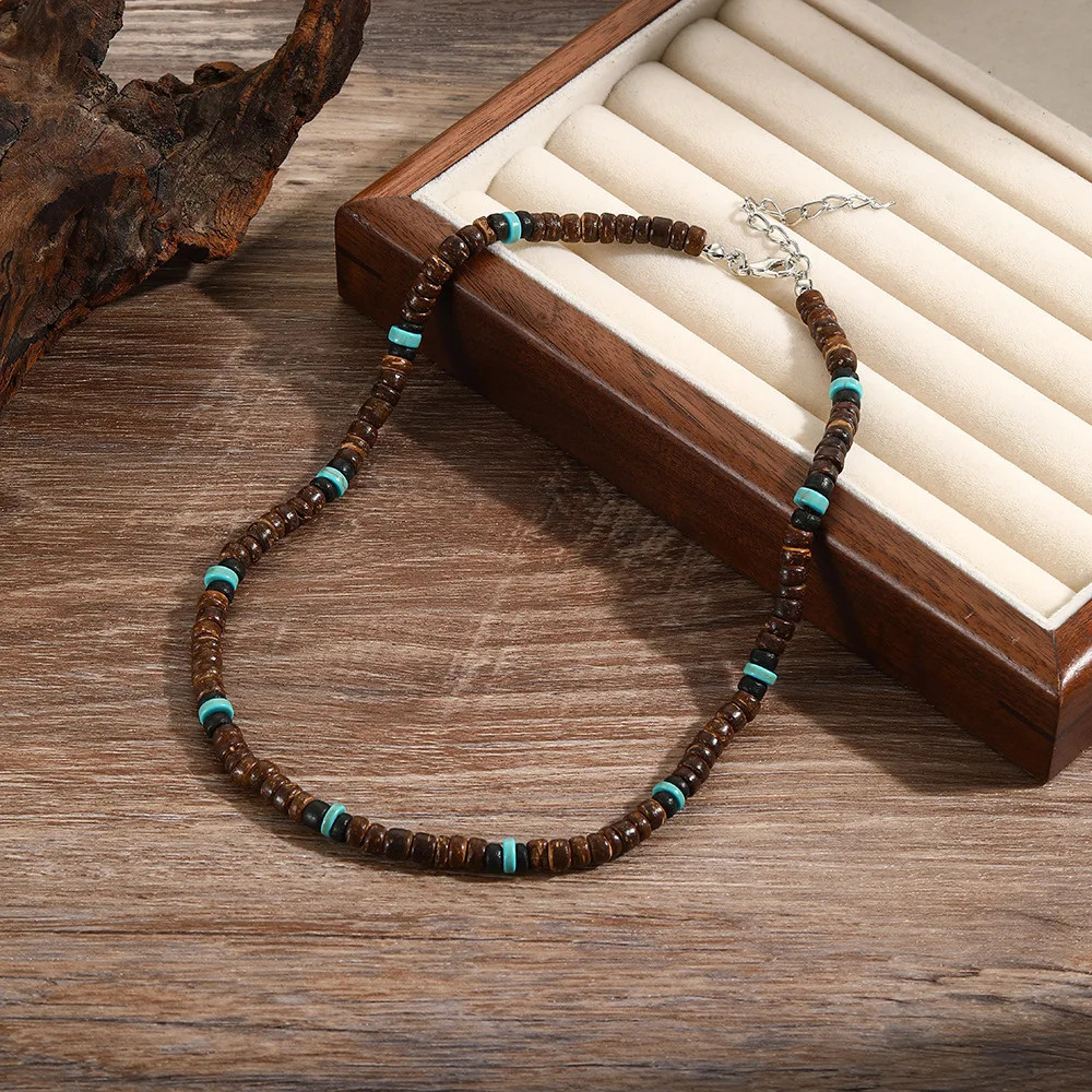 Natural Coconut Wood Necklace 19 Inch Round Bead Rope Chain Men Jewelry