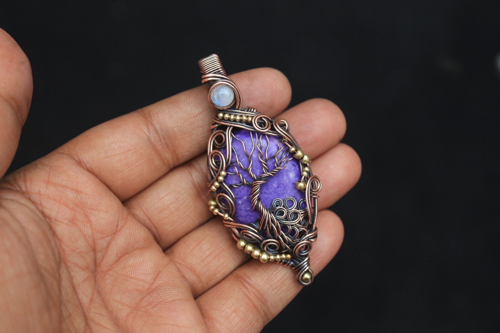 Tree Of Life Copper Wire Wrap Jewelry Purple Charoite Boho Pendant NK665