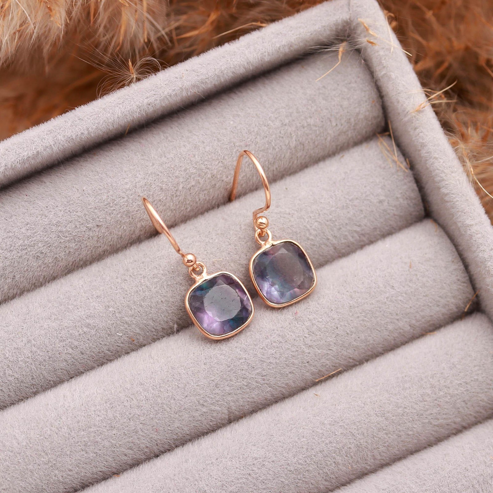 Natural Fluorite Cushion Dangle Earrings Rose Gold Plated Solid Silver Jewelry
