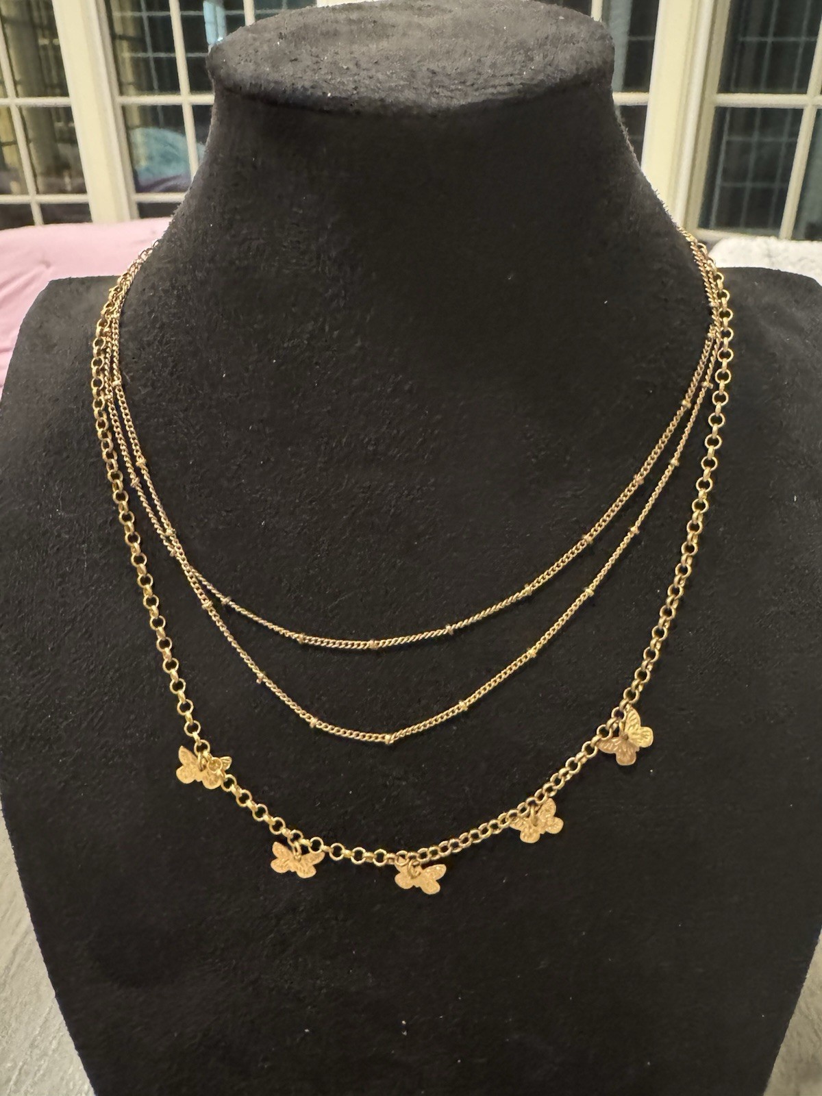 Layered Gold Butterfly Necklace Triple Strand Dainty Butterfly Charm Necklace