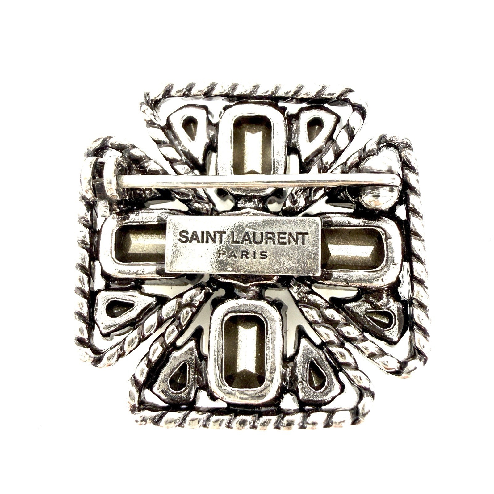 NIB YSL Saint Laurent Cross Croix Crystal and Metal Brooch in Silver Unisex $650
