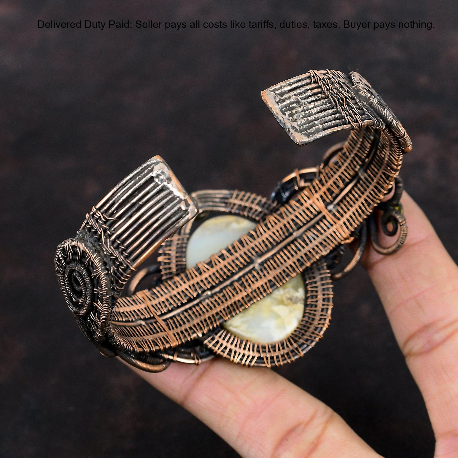 Oval Plume Agate Stone Copper Unique Wedding Wire Wrapped Ethnic Daughter Bangle