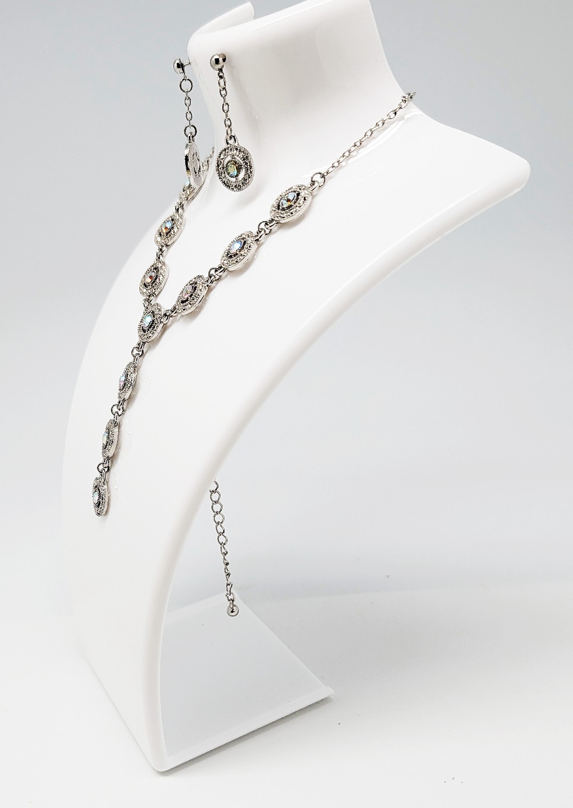 DESIGNER INSPIRED 17 in CLEAR A/B CRYSTAL CIRCLE DROP Y SILVER JEWELRY SET NEW