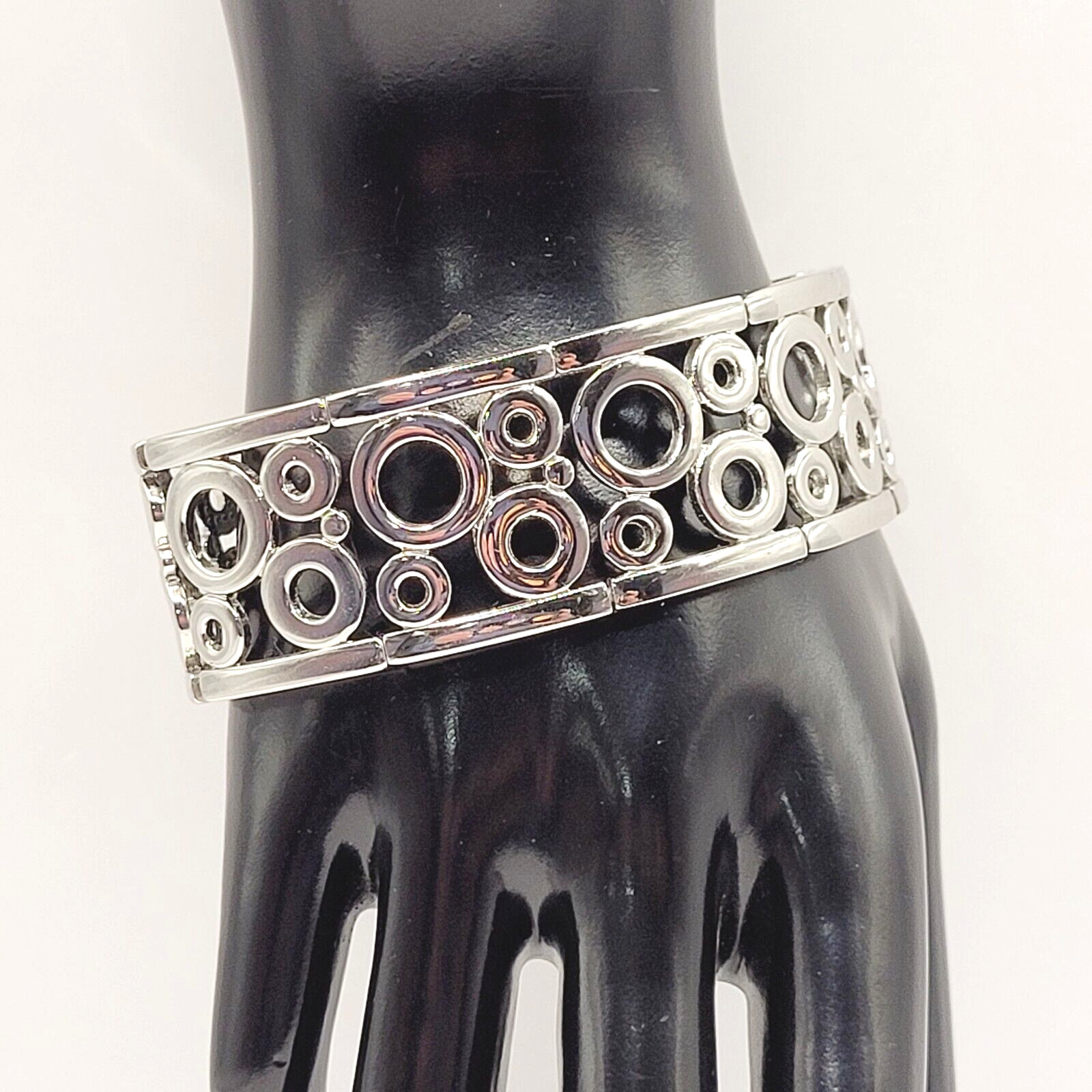 Modern Art Deco Open Circles Shiny Silver Tone Stretch Modernist Bracelet