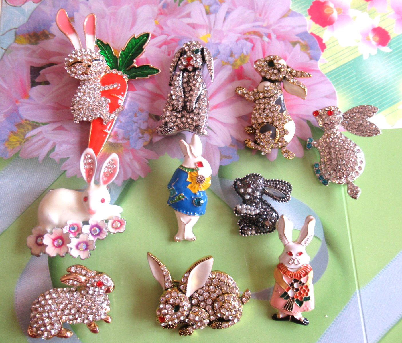 Beautiful BUNNIES Rabbit Easter Crystal Enamel Brooch Lot 10 pcs NEW