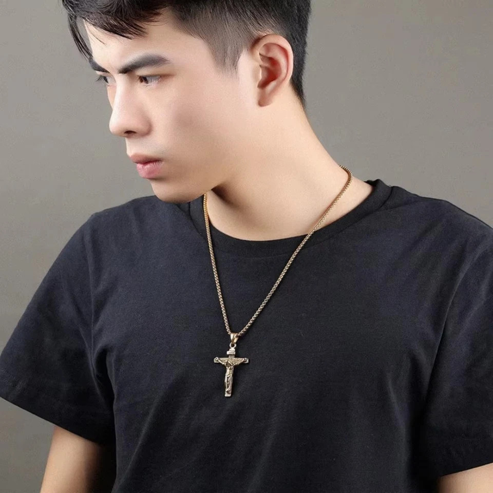 Men Stainless Steel Jesus Christ Crucifix Cross Pendant Chain Necklace