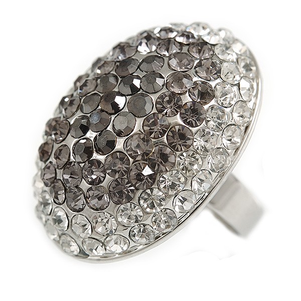 30mm Dome Shape Crystal Ring In Silver Tone Metal/ Clear/Grey/ Size 7/8 Adjustab