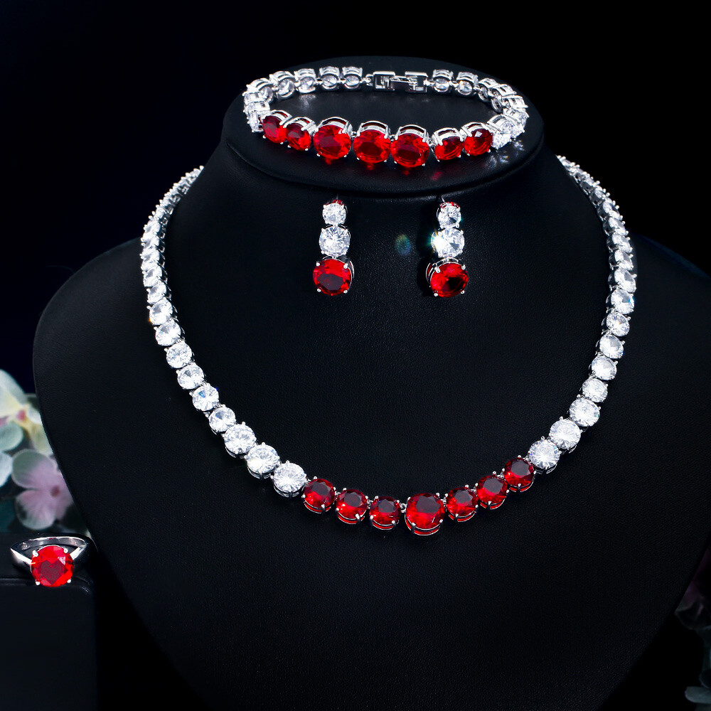 Silver Plated CZ Yellow Big Round Wedding Jewelry Necklace Earrings Bracelet Set