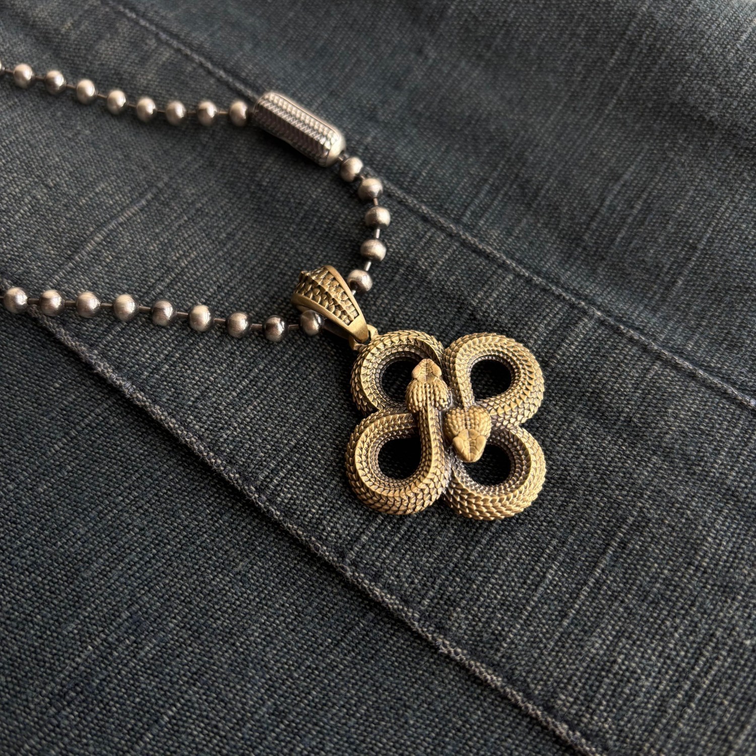 Brass Double Snake Pendant Infinity Design Black Zircon Eyes Renewal Symbol