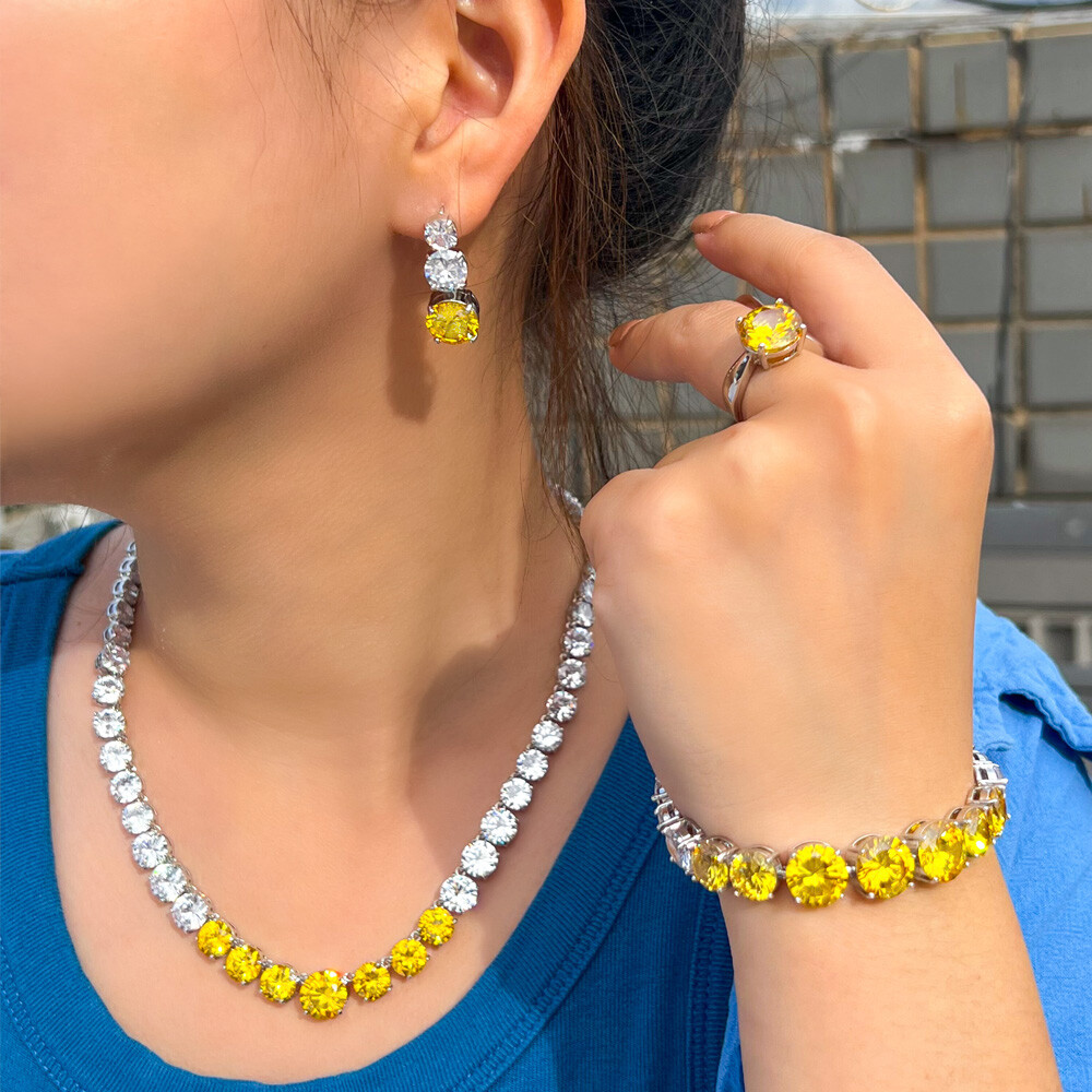 Silver Plated CZ Yellow Big Round Wedding Jewelry Necklace Earrings Bracelet Set