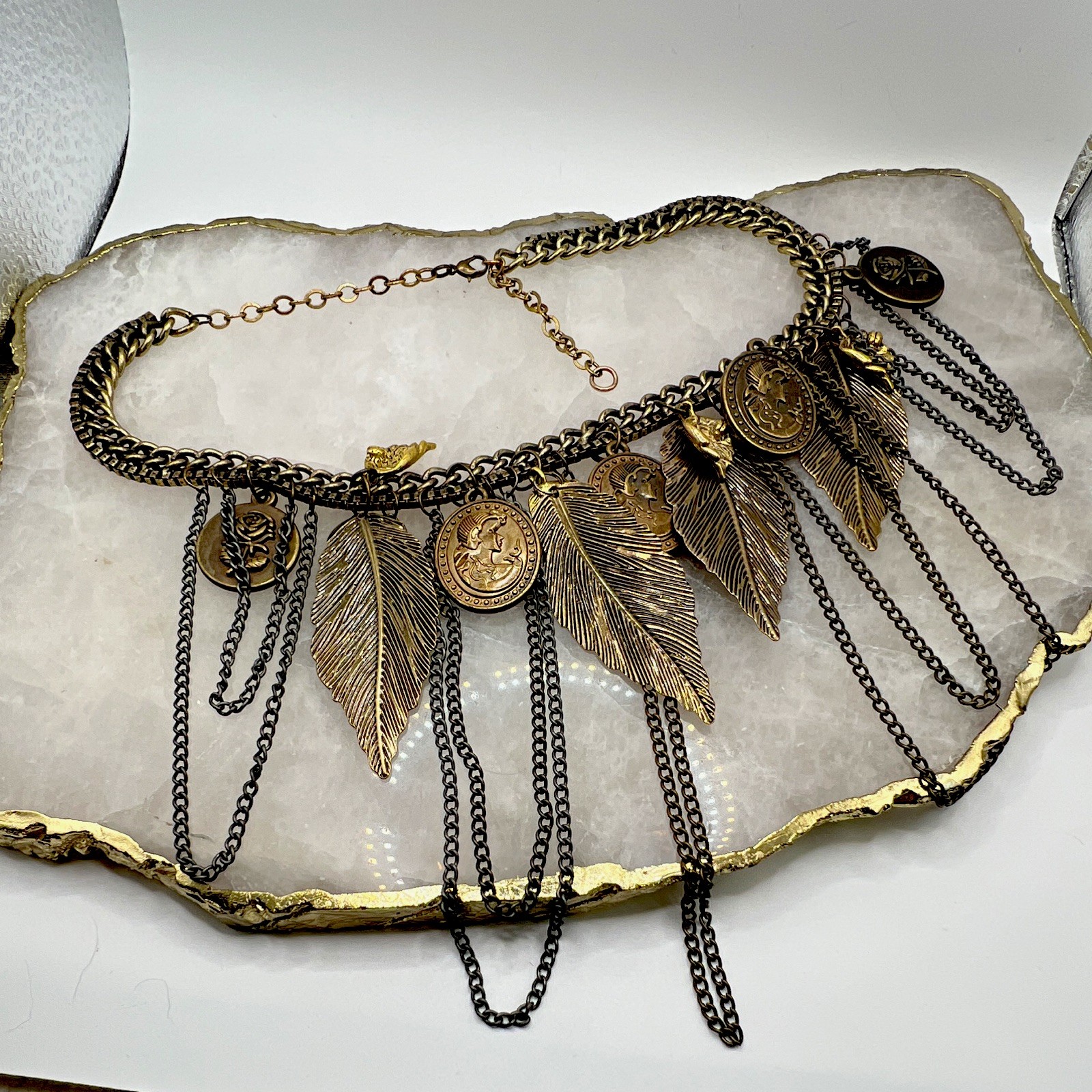 Antique Gold Gunmetal Curb Chain Bib Statement Necklace, Leaf Charm, Adjustable