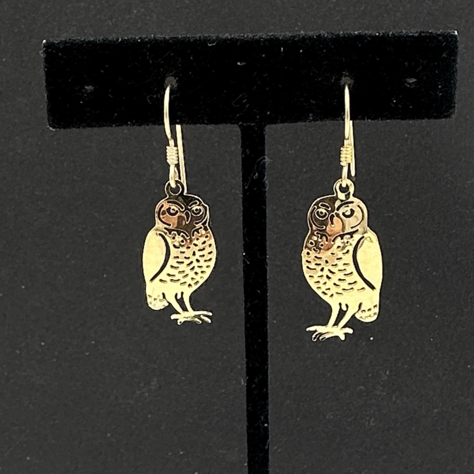 WILD BRYDE owl earrings – gold-tone figural bird 1.75″ dangle signed pierced