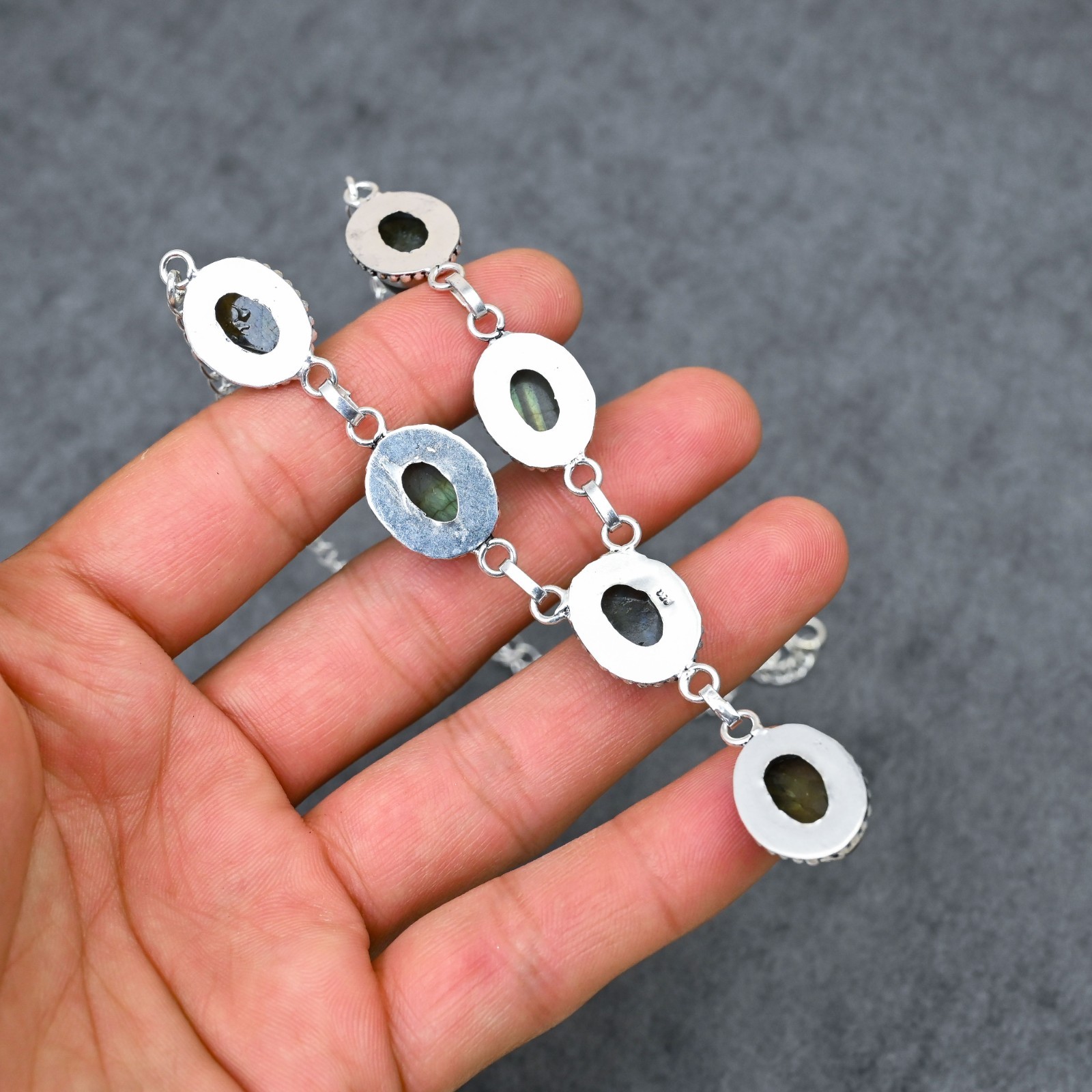 Silver Plated Labradorite Y-Necklace | Multi-Stone Milgrain Cabochon | Artisan