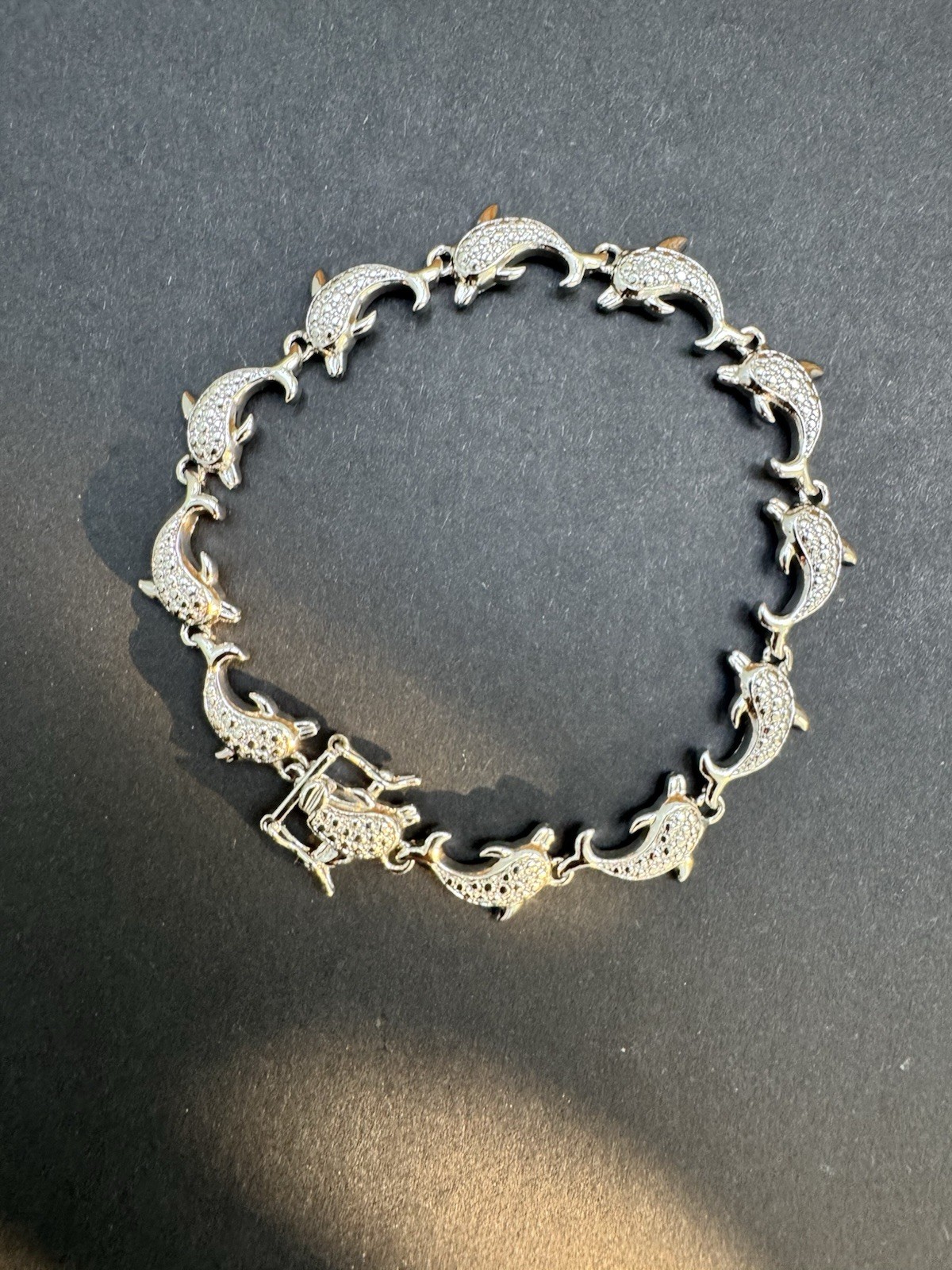 Vintage Silver Plated Dolphin bracelet with Genuine Diamond Accents 7.5 Inch