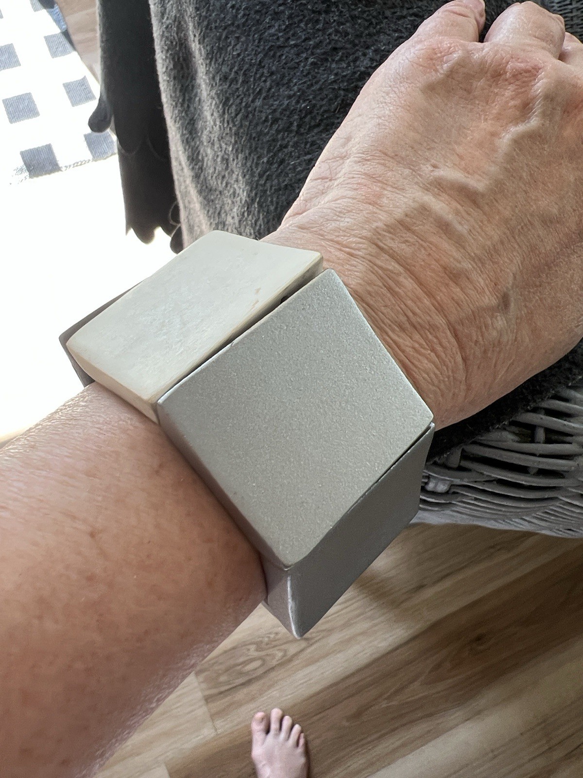 Chunky Cream, Silver, And Wood Tone Statement, Cuff Bracelet
