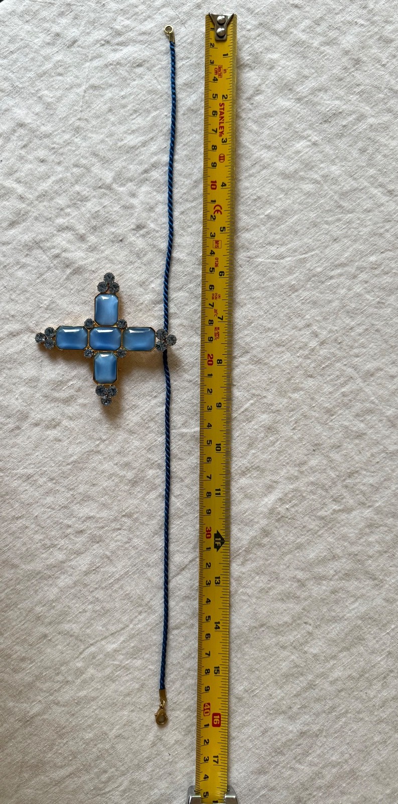 NWOT Vintage French Couture Style Cross / Brooch-Pendant Blue Glass 1980s