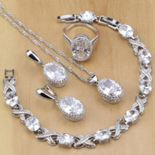 925 Silver Champagne Zircon Bridal Jewelry Set Necklace Earrings Ring Bracelet