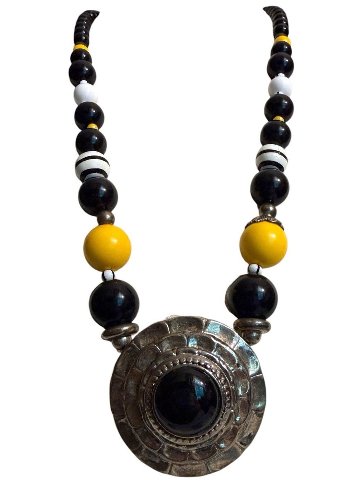 Black, Yellow & White Beaded Statement Necklace with Silver-Tone Pendant