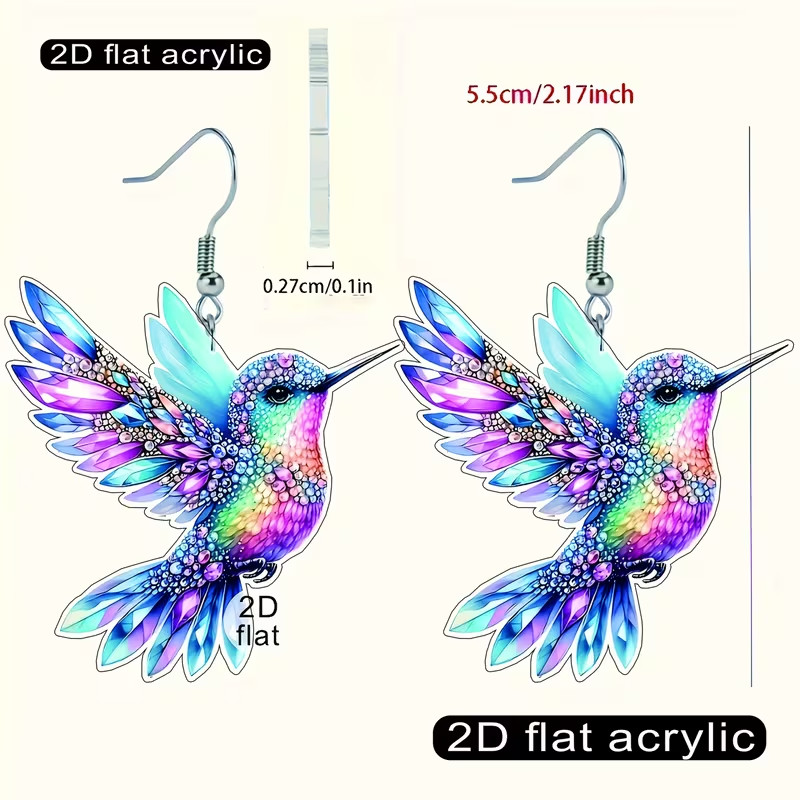1 Pair, Charming and Cute Colorful Hummingbird Acrylic Earrings