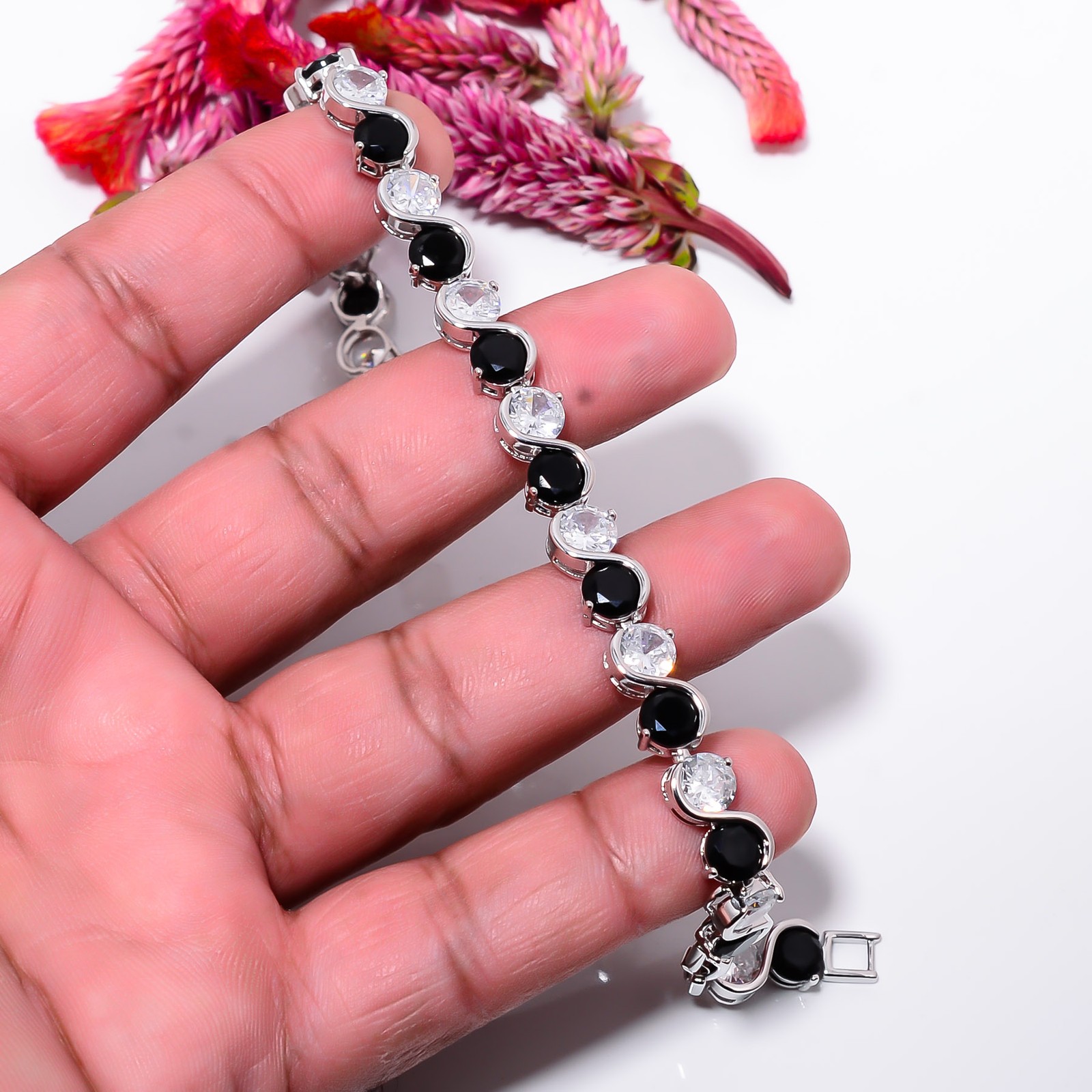 Black Onyx, White Topaz 925 Sterling Silver Tennis Bracelet B129135