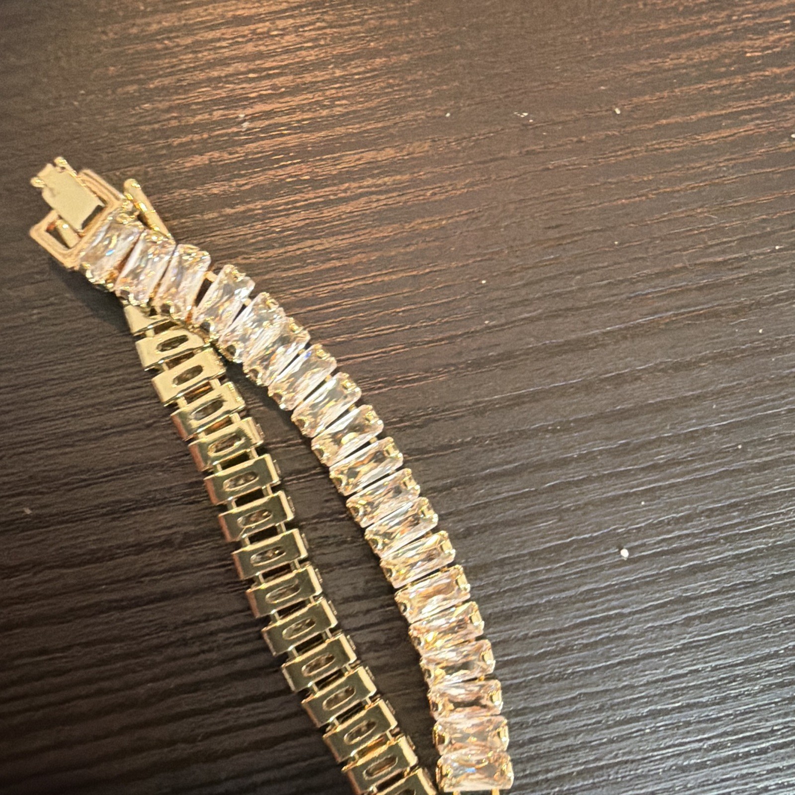 Gold Tone Baguette Clear CZ Rhinestone Link Tennis Bracelet Rectangle Stones