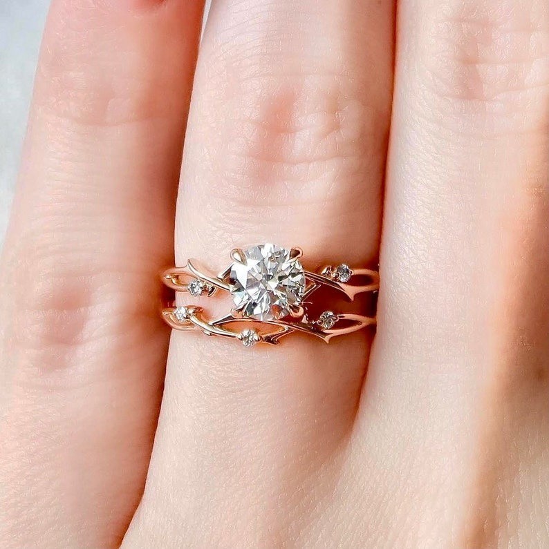 1.0 CT Round Cut Twig Branch Rose Gold Plated Silver Engagement Ring Set