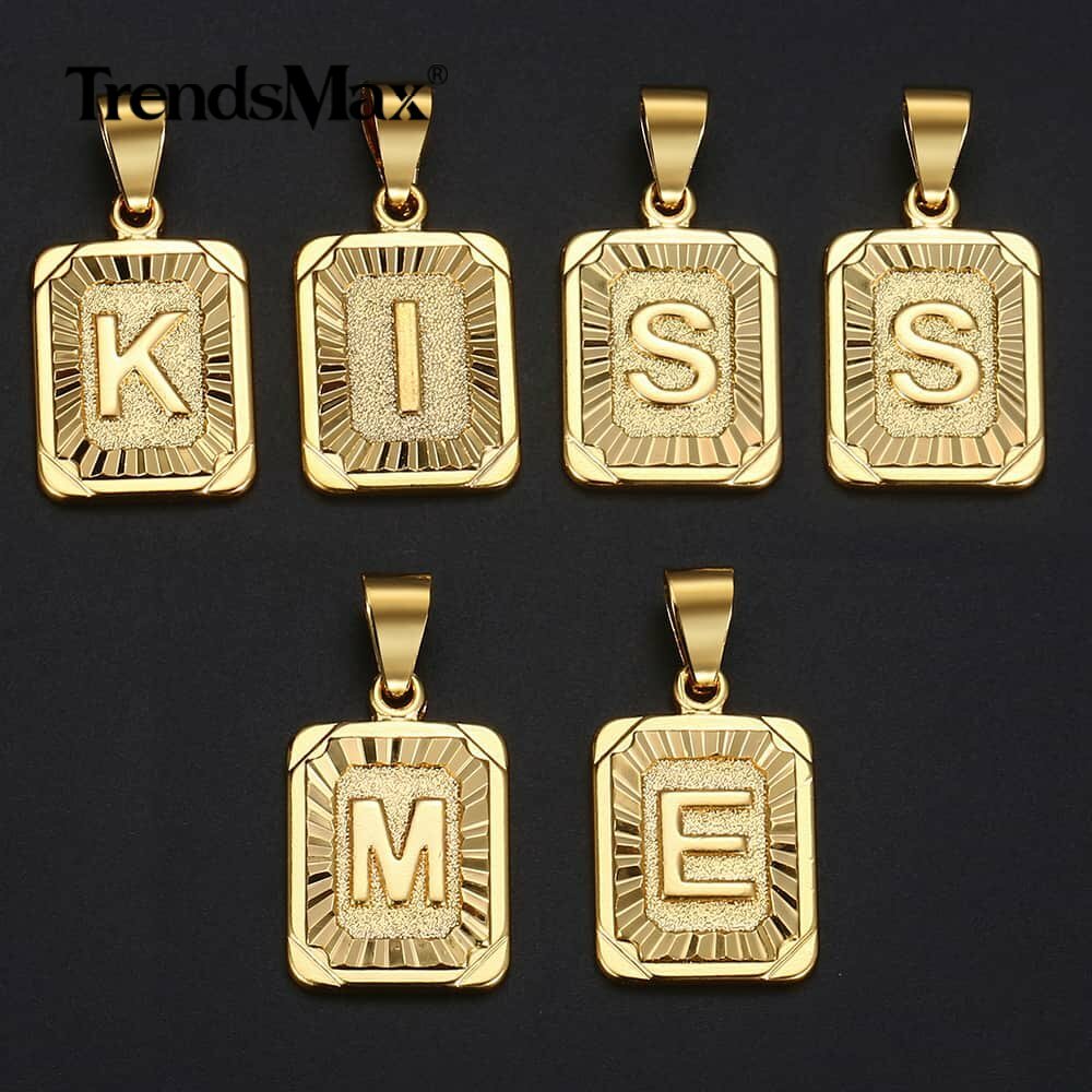 14K Gold Plated Rectangle Letter A-Z Pendant Necklaces (Curb/Box Chains+Charm)