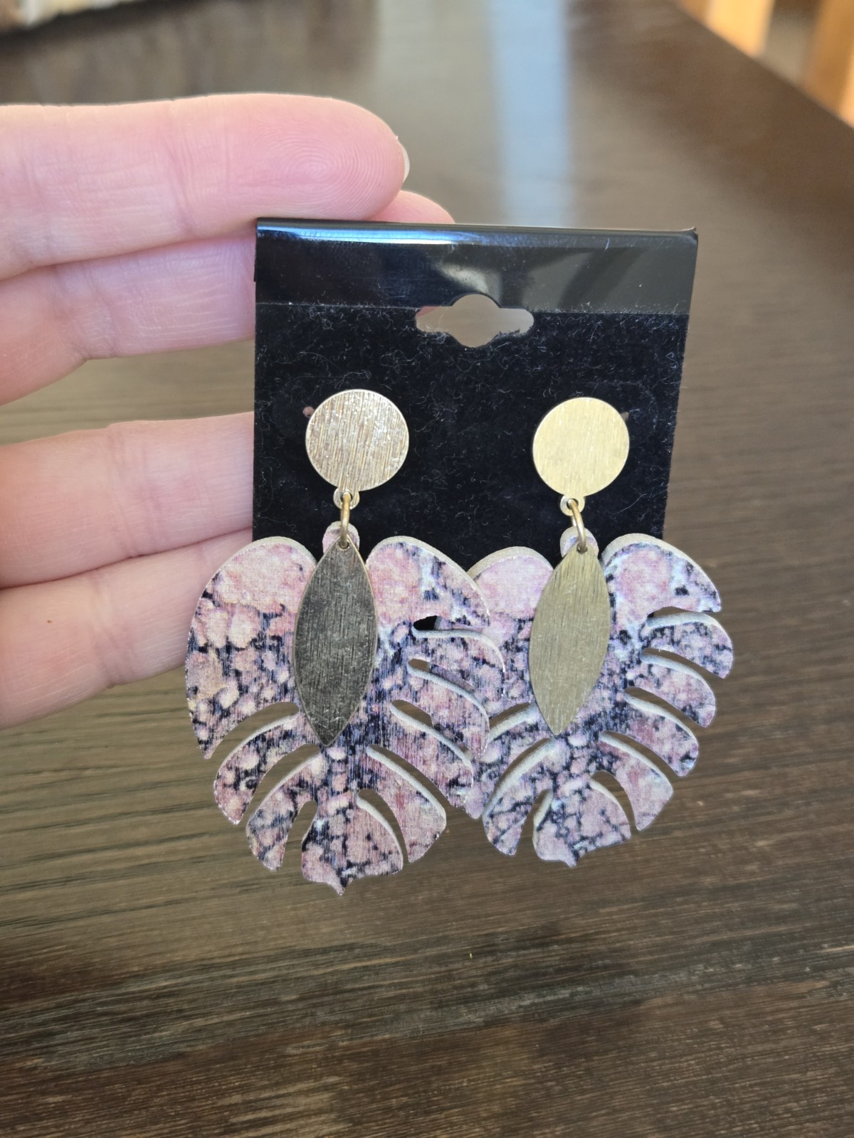 NEW Monstera Leaf Dangle Drop Earrings Gold Accents Pink Gray Laser Cut Wood
