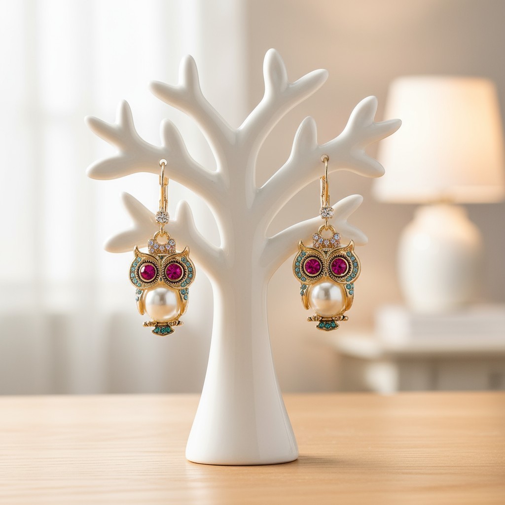 Betsey Johnson Pearl Owl Drop Earrings – Gold-Tone Critter Mixed Stone Accents