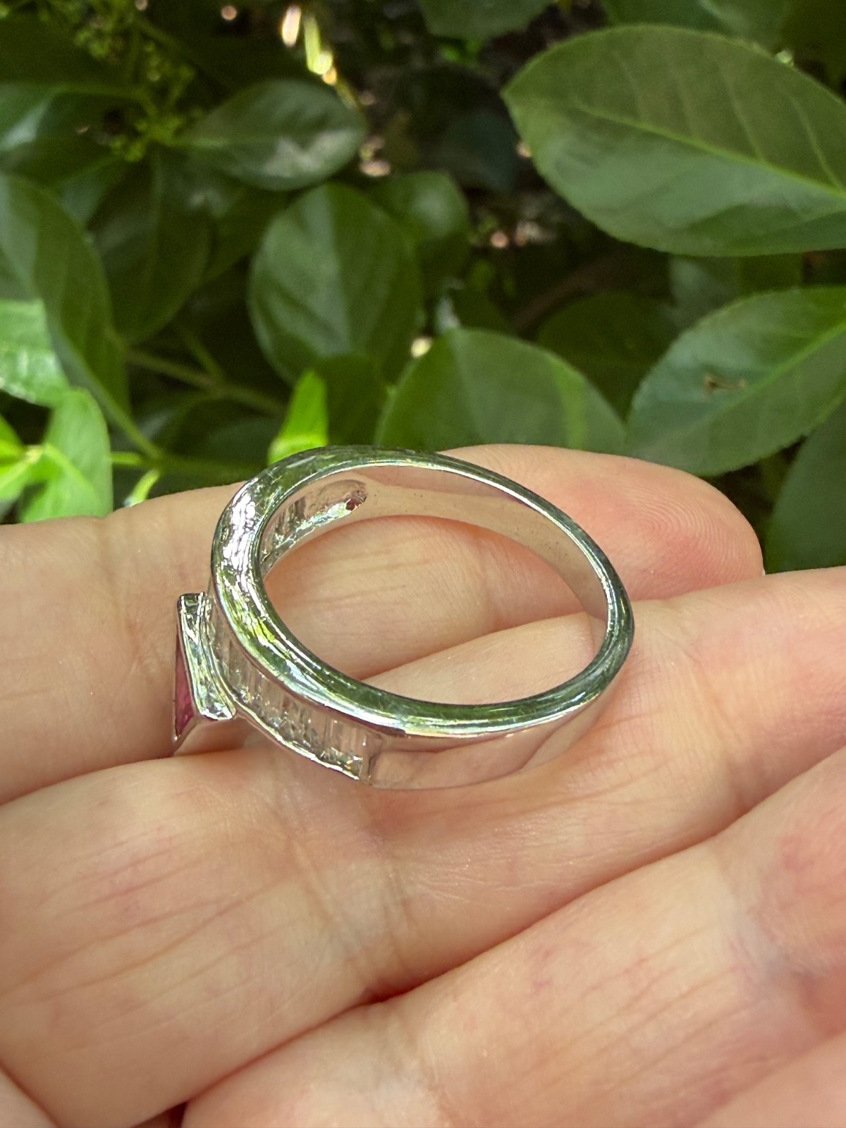 SYNTHETIC RUBY / PINK SAPPHIRE BAGUETTE RHINESTONES GEOMETRIC RING SILVER TONE
