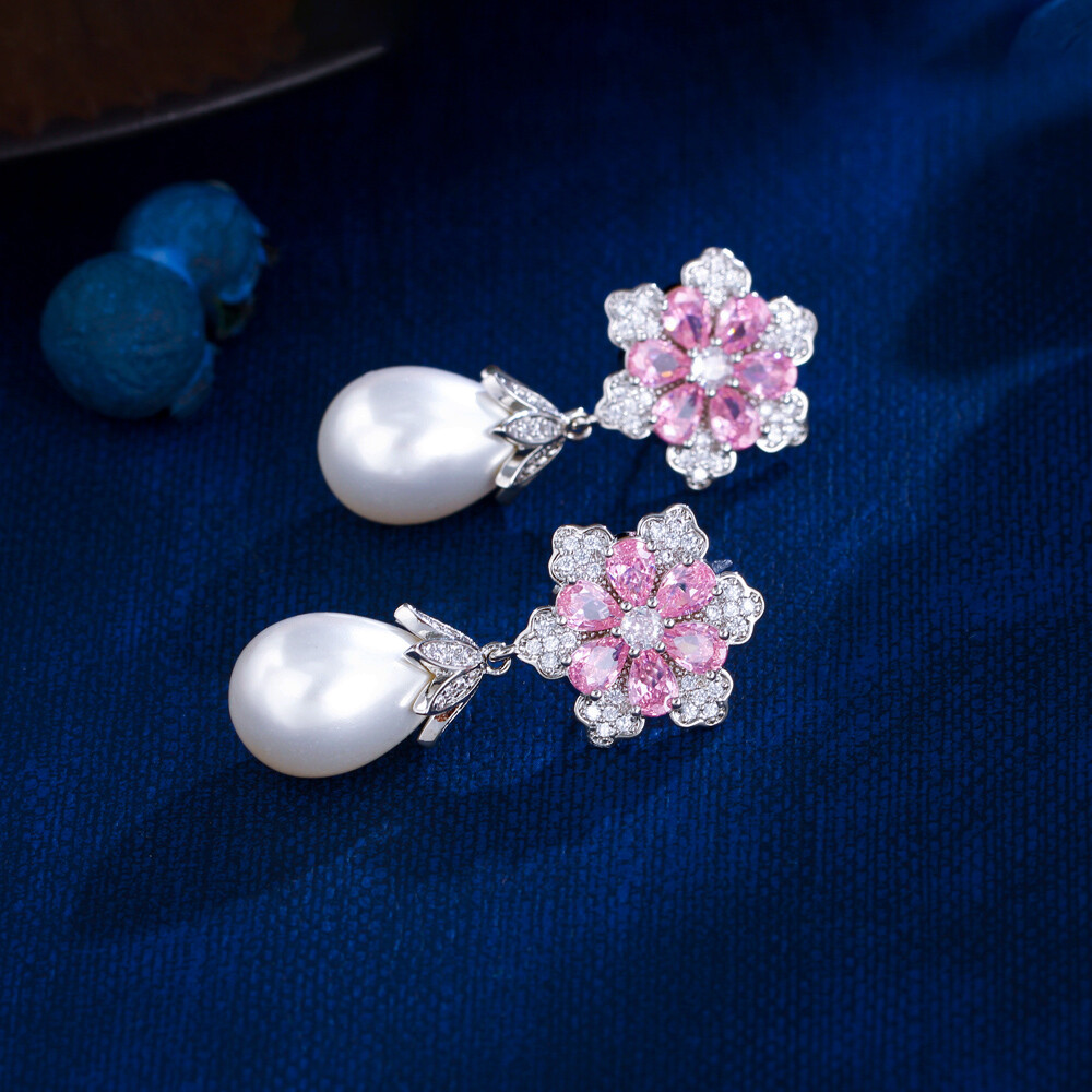 Beauty Silver Plated Cubic Zircon Ladies Pink Flower Pearl Dangle Drop Earrings