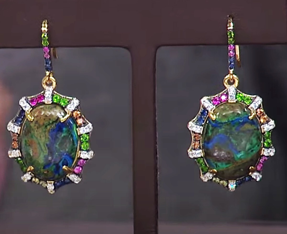 Rarities Azurite Malachite Sapphires Scalloped SS GoldClad Drop Earrings $599