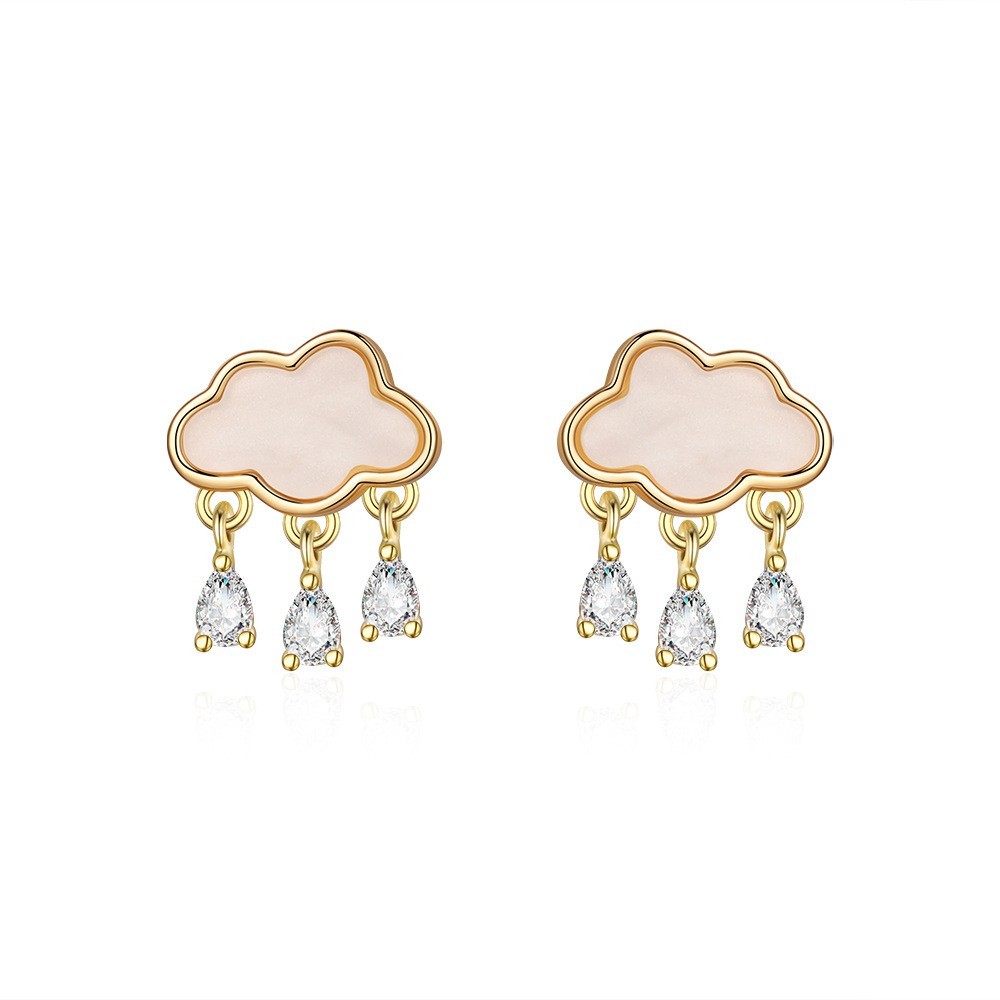 Gold Tone Cloud Drop Earrings with White Enamel and Teardrop CZ Rain Dangle Stud