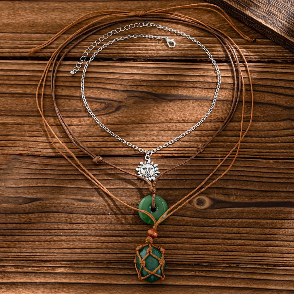 FUTIMELY Layered Green Stone Pendant Necklace Set,Bohemia Brown Small,