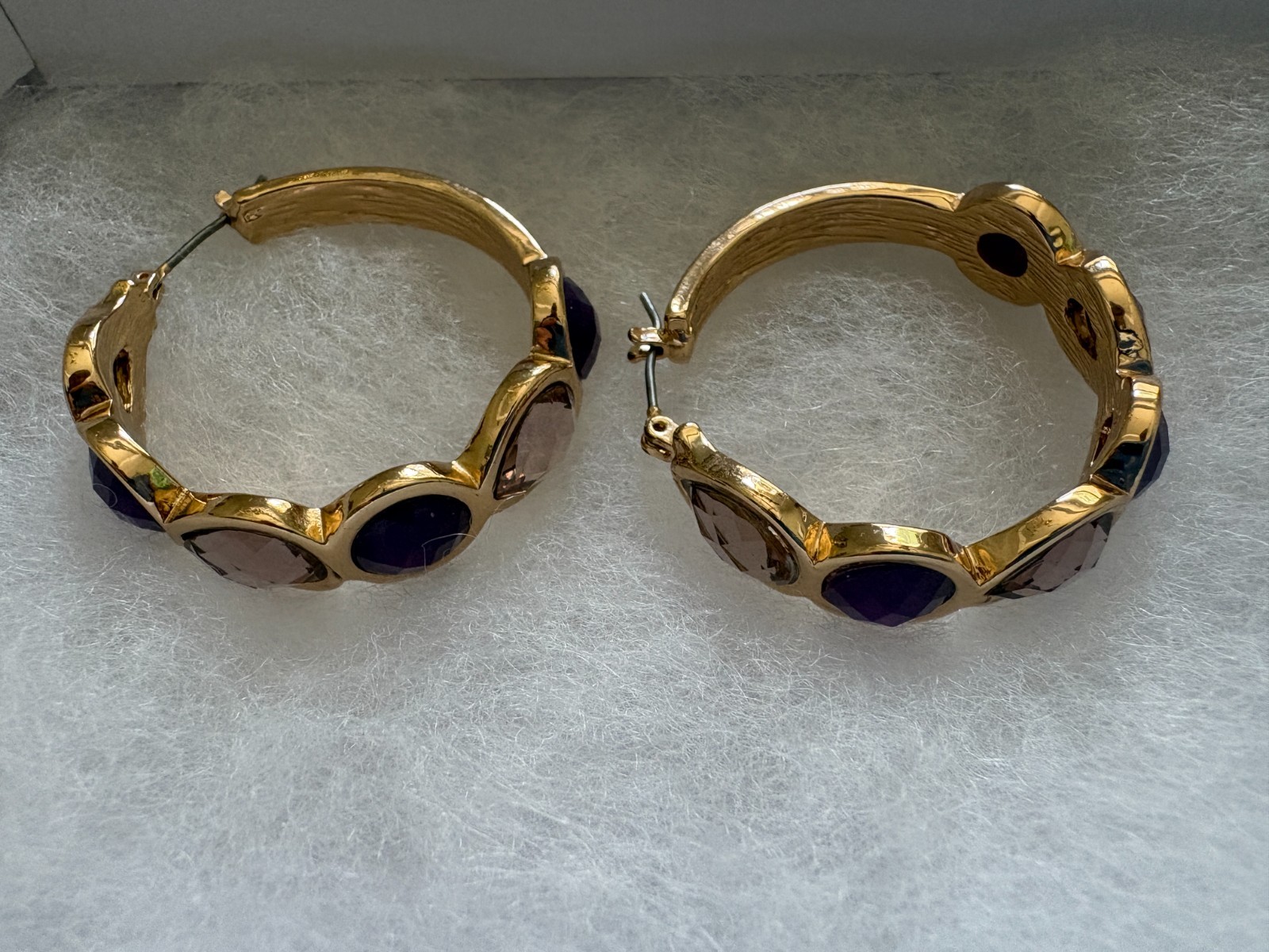 Gold Tone Pierced Hoop Earrings with Purple and Clear Stones 4″