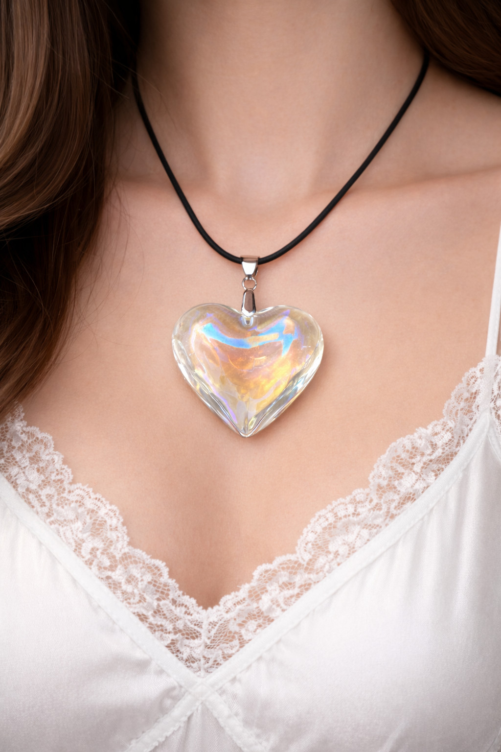 Iridescent Heart Necklace Puffy Heart Pendant Glass Charm Heart Choker Gift