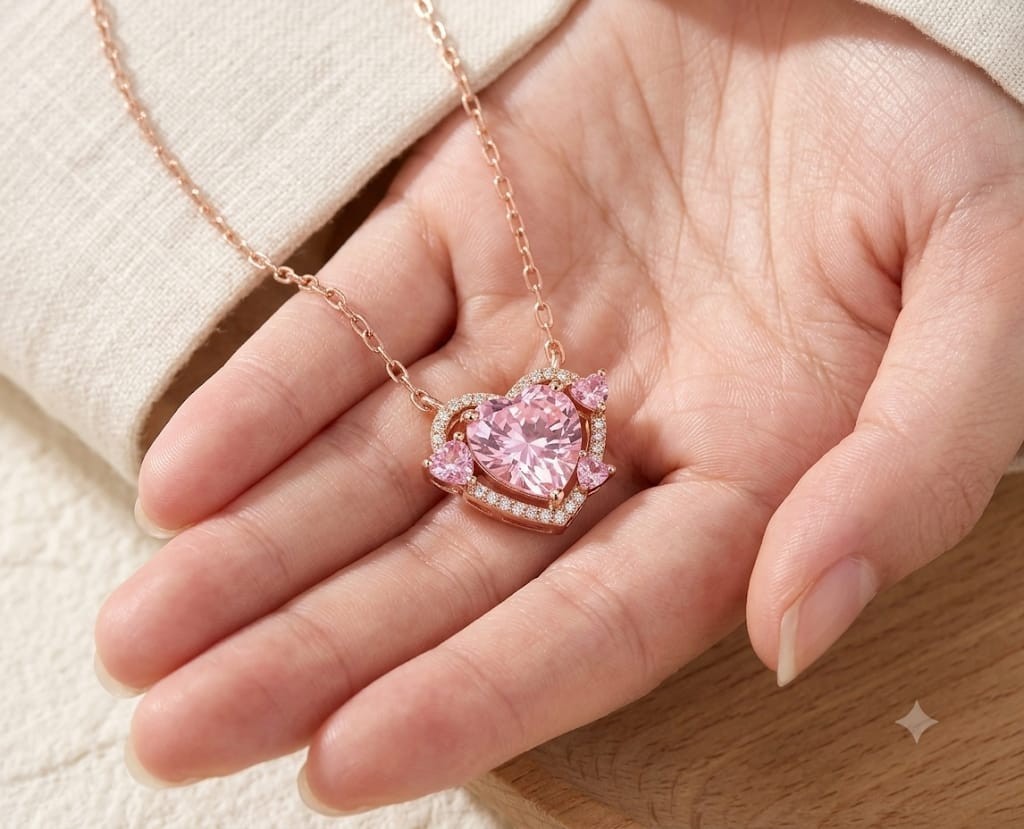 4ct Heart Simulated Pink Sapphire/Diamond Halo Heart Pendant14k Rose Gold Plated