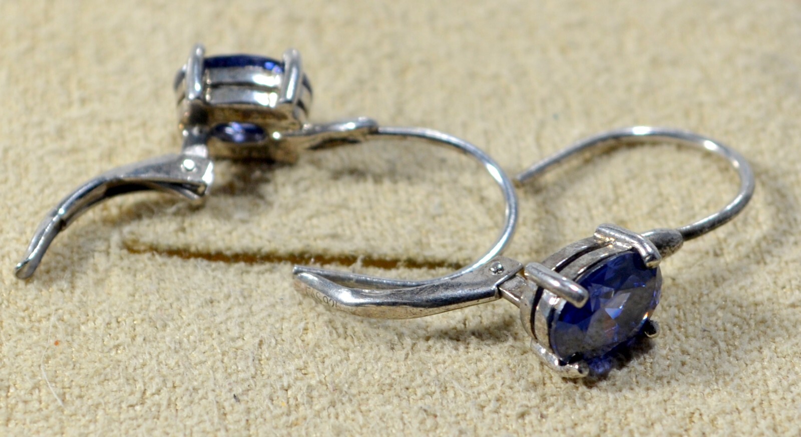 SIMULATED TANZANITE OVAL STONES-SOLITAIRE-LEVER BACK DROP EARRINGS-RHOD/STER SIL