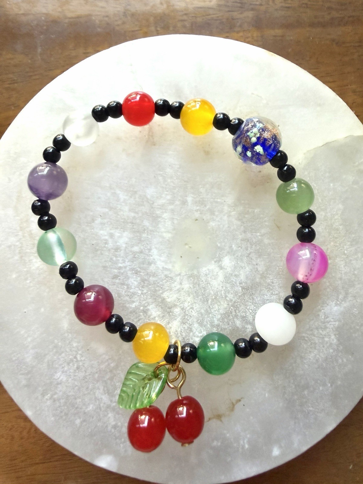 Multicolor Beaded Stretch Bracelet Cherry Fruit Dangle Charm Stone Glass