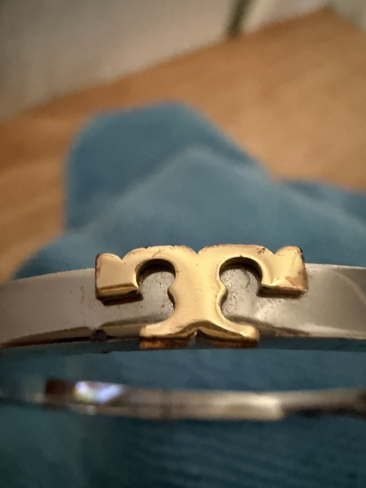 Silver Tone Metal Hinged Bangle Bracelet with Gold Tone Accents, No Stone