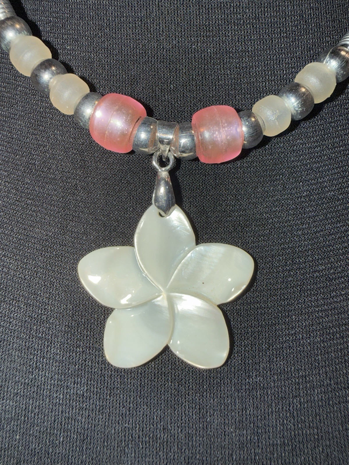 Hawaiian Shell Mother Of Pearl Necklace 18kt GP Black Leather Cord VTG